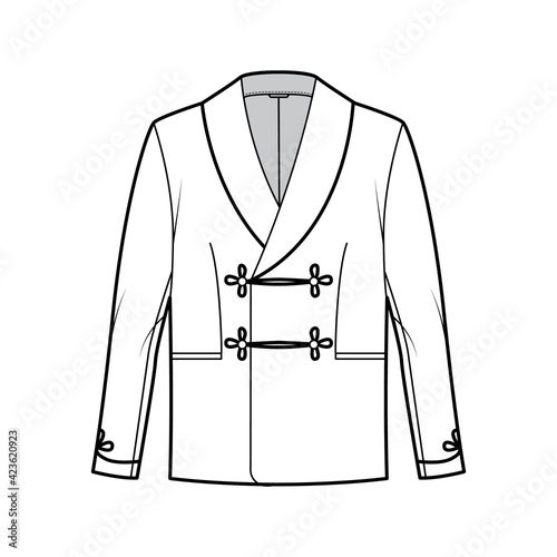 Smoking jacket technical fashion illustration with double breasted, long sleeves, shawl collar, besom pockets. Flat pajama top coat template front, white color style. Women, men, unisex CAD mockup