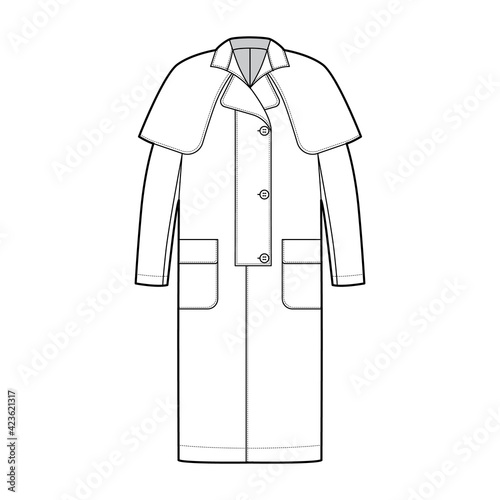 Duster coat technical fashion illustration with long sleeves, napoleon lapel collar, oversized body, midi length, cape. Flat jacket template front, white color style. Women, men, unisex top CAD mockup
