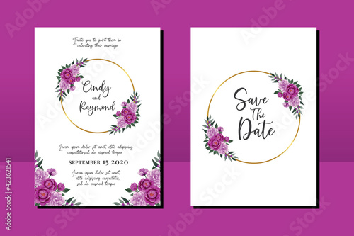 Wedding invitation frame set, floral watercolor hand drawn Peony with Geranium Flower design Invitation Card Template © Vectorcome