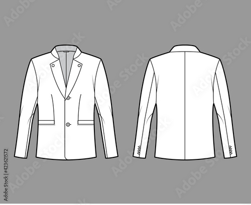 Tyrolean jacket tuxedo technical fashion illustration with long sleeves, stand lapel collar, welt pockets. Flat Austrian coat template front, back, white color style. Women, men, unisex top CAD mockup