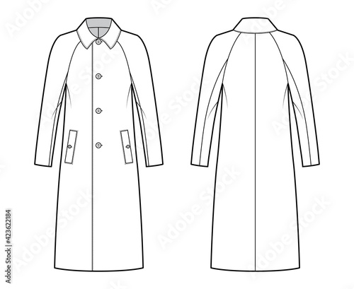 Balmacaan coat technical fashion illustration with raglan long sleeves, regular collar, oversized body, midi length. Flat jacket template front, back, white color style. Women, men, unisex CAD mockup