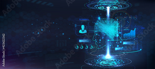 Ai hologram human head with 3D neuron brain model. Artificial neural network and artificial intelligence concept. Digital banner with neon Silhouette of human head, hologram brain and HUD UI. Vector