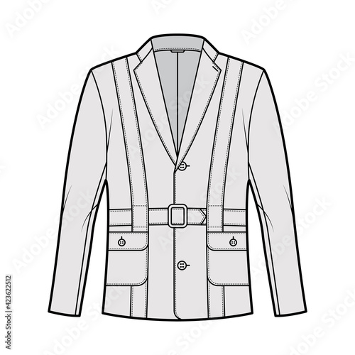 Norfolk jacket technical fashion illustration with belt, oversized, long sleeves, notched collar, button opening. Flat coat template front, grey color style. Women, men, unisex top CAD mockup