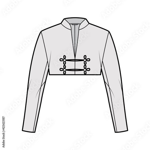 Spencer jacket technical fashion illustration with crop length, long sleeves, stand collar, button frog closure. Flat blazer template front, grey color style. Women, men, unisex top CAD mockup