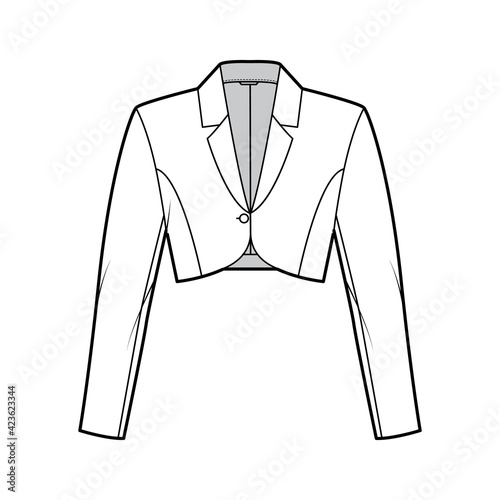 Bolero jacket technical fashion illustration with crop waist length, long sleeves, notched collar, button closure. Flat blazer template front, white color style. Women, men, unisex top CAD mockup