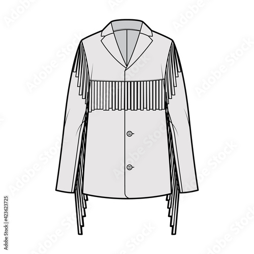 Western jacket technical fashion illustration with fringe, oversized, long sleeves, notched collar, button opening, yoke. Flat coat template front, grey color style. Women, men, unisex top CAD mockup