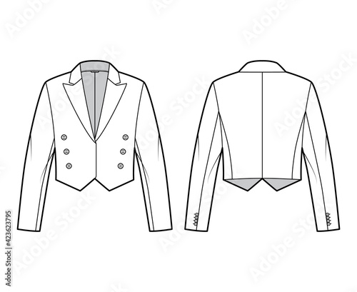 Mess eton jacket spencer technical fashion illustration with non-fastening double breast cut, long sleeves, crop waist length. Flat coat template front, back, white color style. Women, men CAD mockup