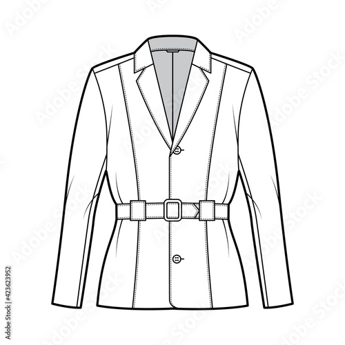 Belted jacket technical fashion illustration with belt, oversized, long sleeves, notched collar, button opening. Flat coat template front, white color style. Women, men, unisex top CAD mockup