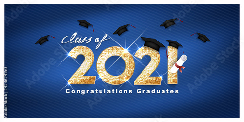 Vector text for graduation gold design, congratulation event, T-shirt, party, high school or college graduate. Lettering Class of 2021 for greeting, invitation card	