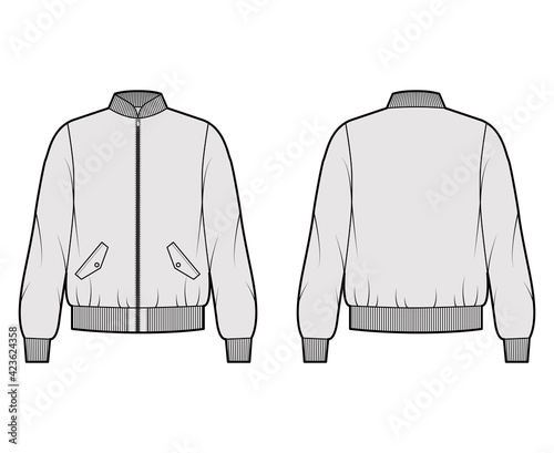 Fotografija Zip-up Bomber ma-1 flight jacket technical fashion illustration with Rib collar, cuffs, oversize, long sleeve, flap pockets