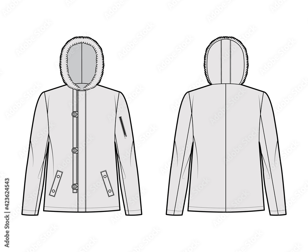 N-2B flight jacket technical fashion illustration with oversized, fur hood, long sleeves, pockets, button loop opening. Flat coat template front, back grey color style. Women men unisex top CAD mockup N-2B flight jacket technical fashion illustration with oversized, fur hood, long sleeves, pockets, button loop opening. Flat coat template front, back grey color style. Women men unisex top CAD mockup