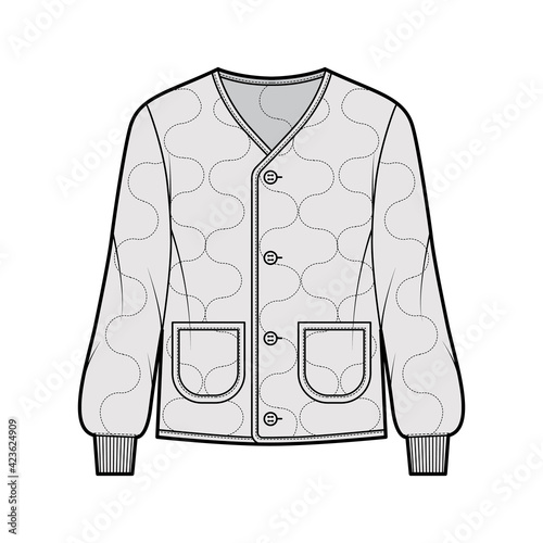ALS 92 field jacket liner technical fashion illustration with oversized, long sleeves, oval patch pockets, Onion quilted shell. Flat coat template front, grey color style. Women men unisex CAD mockup