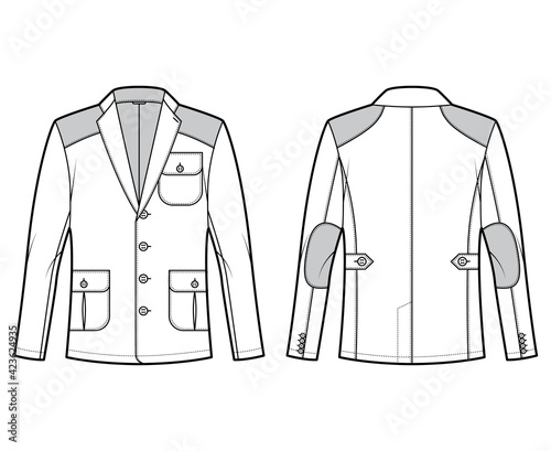Hunting Shooting jacket technical fashion illustration with notched collar, flap pockets, Trim, Shoulder Elbow Patch. Flat coat template front, back, white, grey color. Women, unisex Blazer CAD mockup