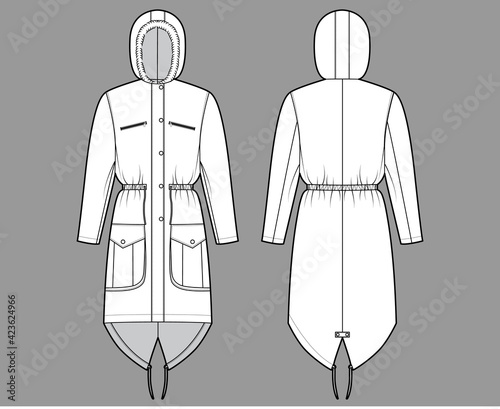 Parka coat technical fashion illustration with faux fur hood, long sleeves, fitted body, knee length, flap pockets. Flat jacket template front, back, white color style. Women men unisex top CAD mockup