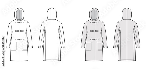 Clasp coat technical fashion illustration with long sleeves  hood  oversized body  patch pockets  knee length. Flat jacket template front  back  white  grey color style. Women  men  unisex CAD mockup
