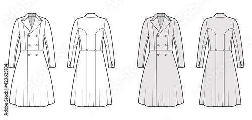 Redingote coat technical fashion illustration with double breasted, long sleeves, peak collar, knee length. Flat jacket template front, back, white, grey color style. Women, men, unisex top CAD mockup