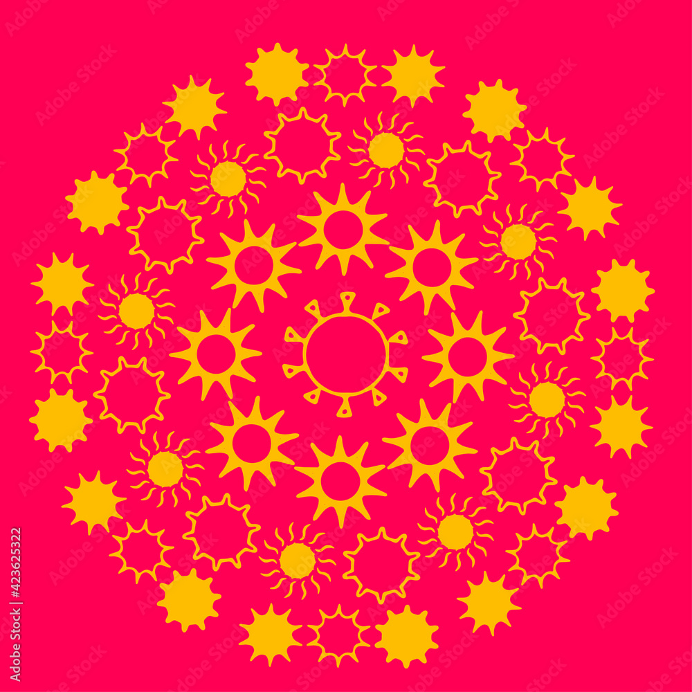 Circle shaped ornament made of doodle sun. Yellow suns on crimson background. Vecto, eps10. Circle shaped ornament made of doodle sun. Yellow suns on crimson background. Vecto, eps10.