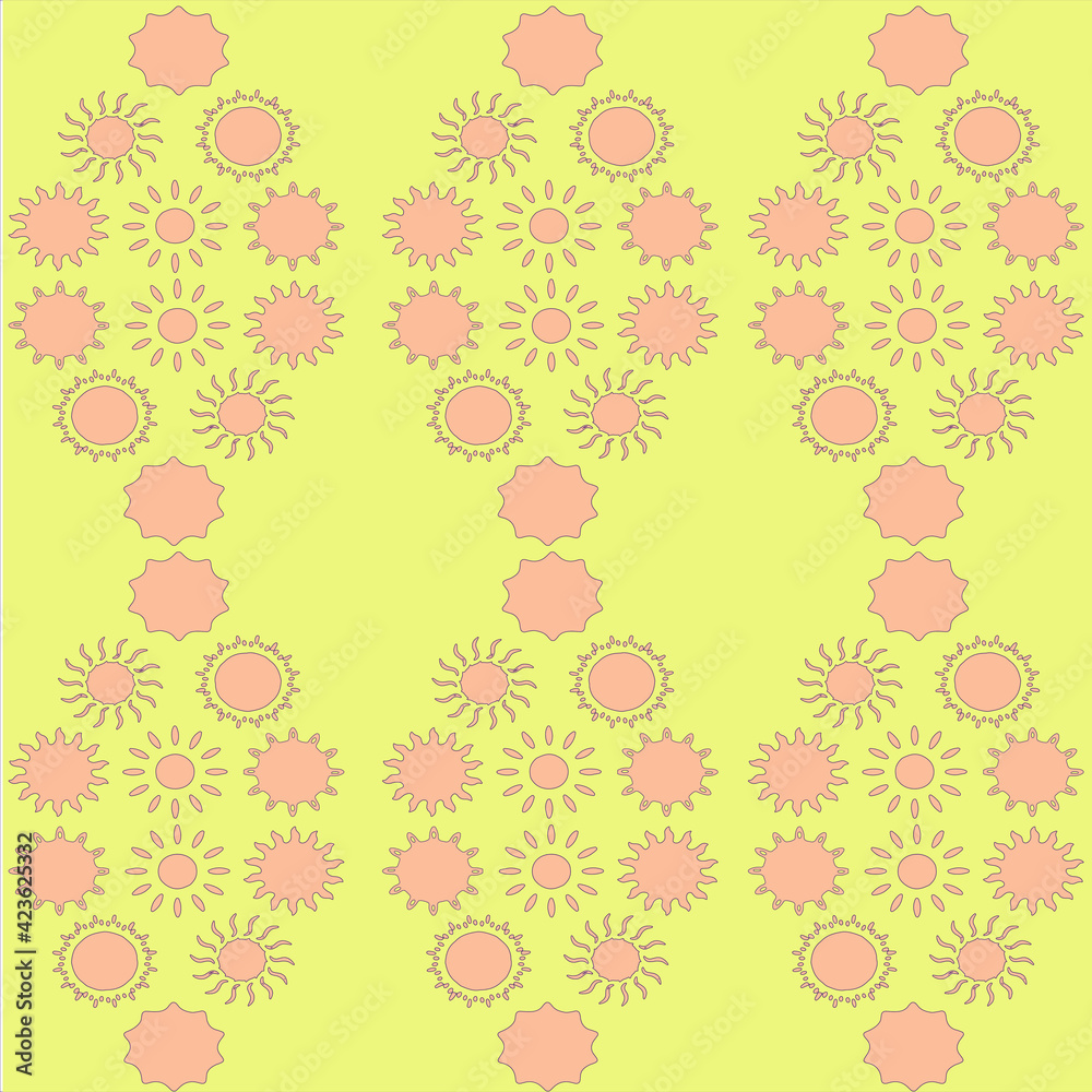A seamless pattern ornament made of light pink sun doodles on a yellow background.  Vector, eps 10