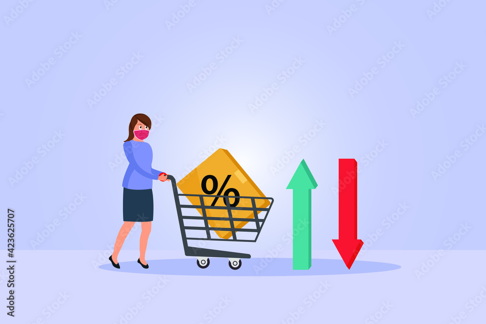 Changing rates vector concept: Young woman pushing shopping cart with arrow up and don while wearing face mask Changing rates vector concept: Young woman pushing shopping cart with arrow up and don while wearing face mask