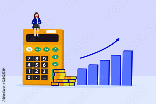 Business vector concept: Young businesswoman calculating profit her business while using laptop with up arrow chart 