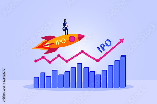 Business vector concept: Businessman riding rocket with IPO chart while wearing face mask in new normal