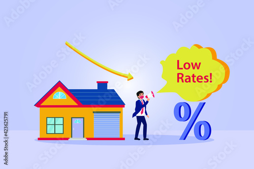 Low rates vector concept: Businessman yelling low rates using megaphone with falling down arrow 