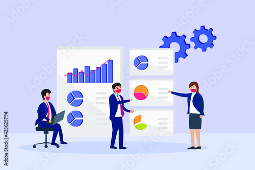 Business stock vector concept: Businesspeople doing presentation with stock graph while wearing face mask in new normal 