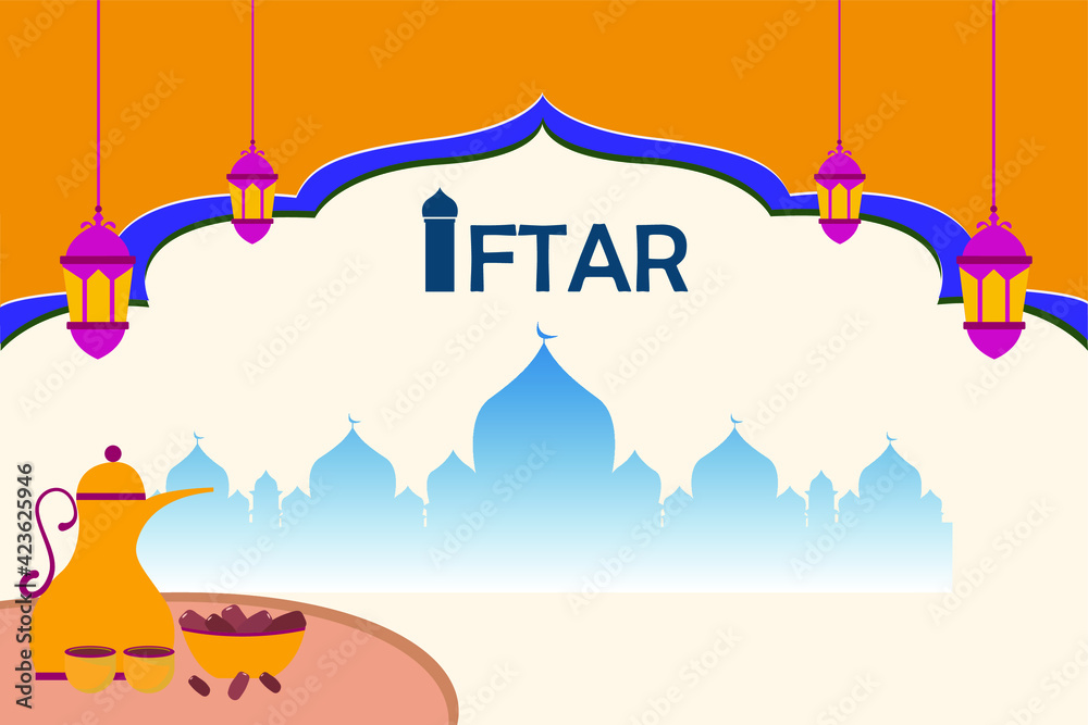 Fototapeta premium Ramadan vector concept: Ramadan background with iftar text with date palm fruit and silhouette of mosque