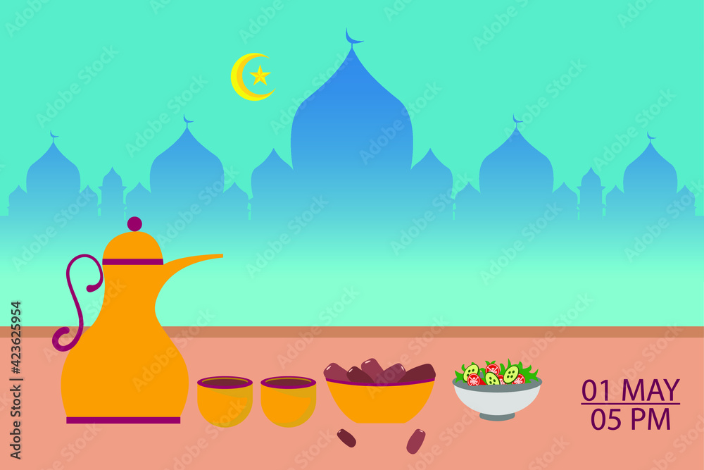 Ramadan vector concept: Ramadan background with date palm fruit and silhouette of mosque