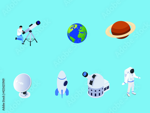 Astronomy isometric vector concepts. Astronomical telescopes with earth, saturn, antenna, spacecraft, planetarium and astronaut