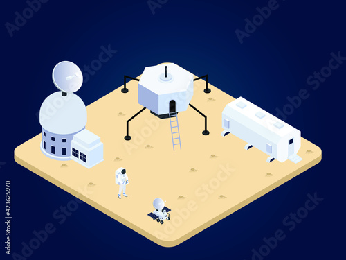 Astronomy isometric vector concepts. Astronaut stay at a planet base camp