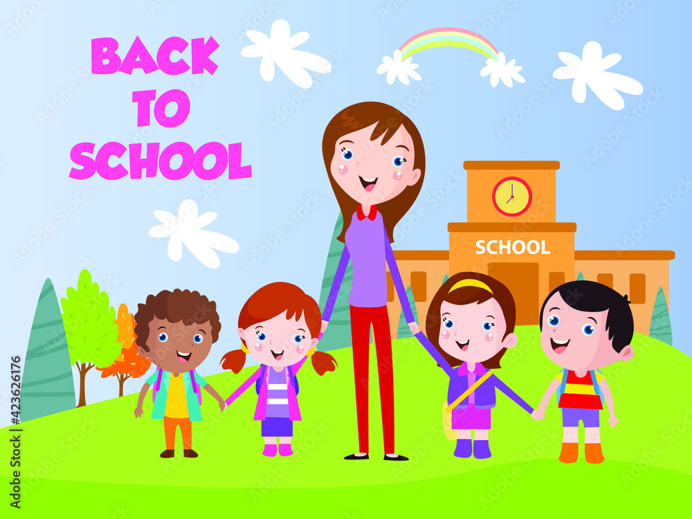 Happy primary school students and their teacher smiling at the school yard with back to school text Happy primary school students and their teacher smiling at the school yard with back to school text