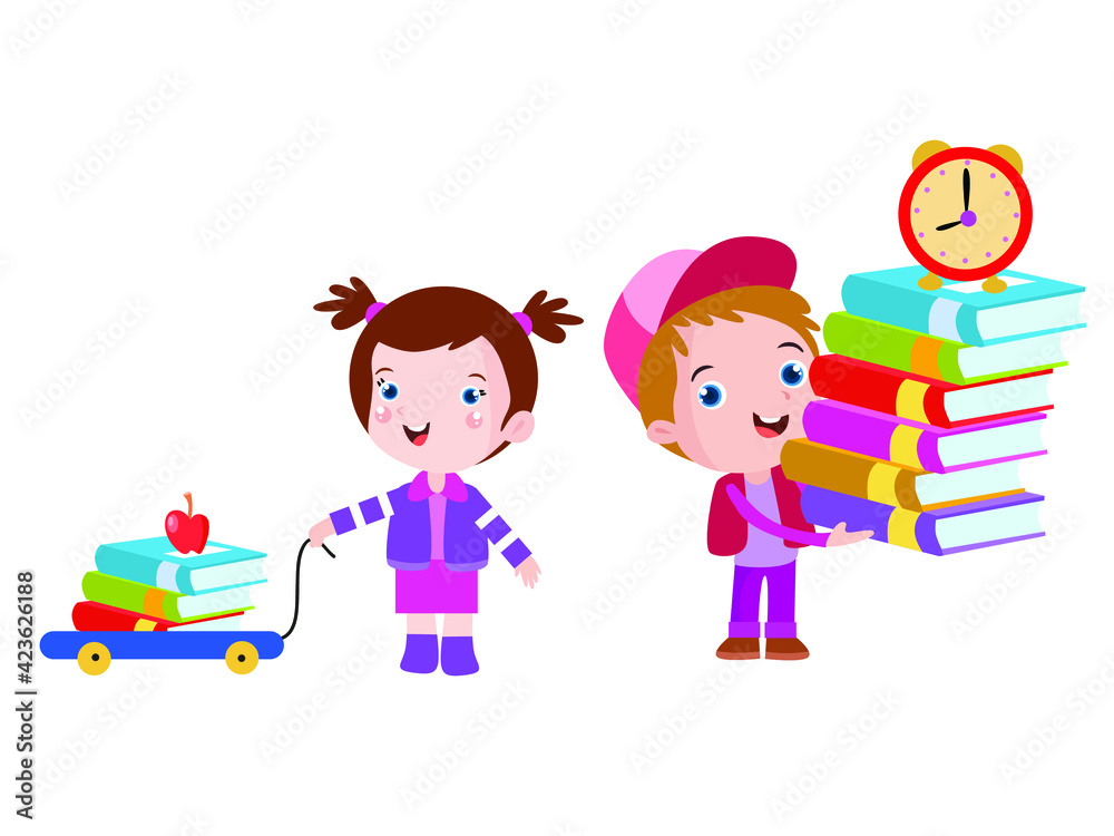 Back to school vector concepts: Elementary school students carrying stack of books while smiling, isolated on white background Back to school vector concepts: Elementary school students carrying stack of books while smiling, isolated on white background