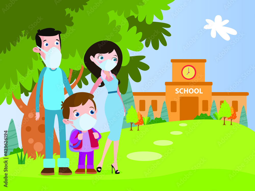 Naklejka premium Back to school vector concept: Parents taking their son to school at first day school while wearing face mask