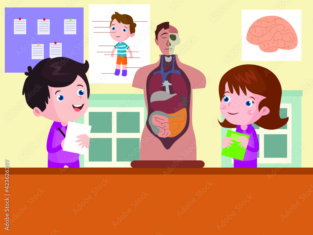 Elementary school students learn human organ anatomy in the laboratory at the school Elementary school students learn human organ anatomy in the laboratory at the school