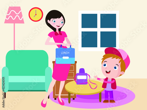 Happy mother cartoon preparing school lunch box for her son