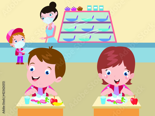 Elementary school students eating school lunch in the school canteen while wearing face mask