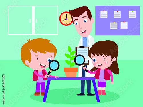 Elementary school students watching a plant on the pot with a magnifying glass in the laboratory