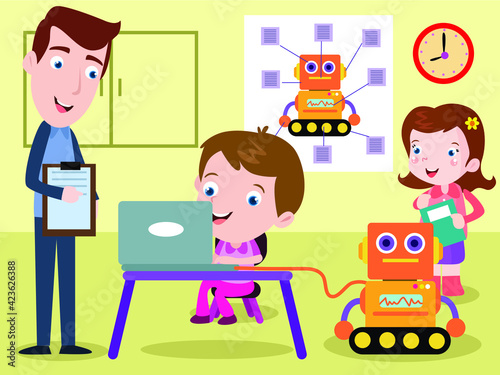 Students making and programming a robot with their teacher at the school