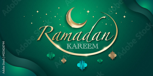 Hari Raya greeting banner template with contemporary islamic graphic elements and decorative crescent moon. Ramadan Kareem means Ramadan the Generous Month.