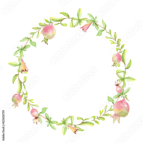 watercolor hand painted pomegranate wreath frame  isolated on white background