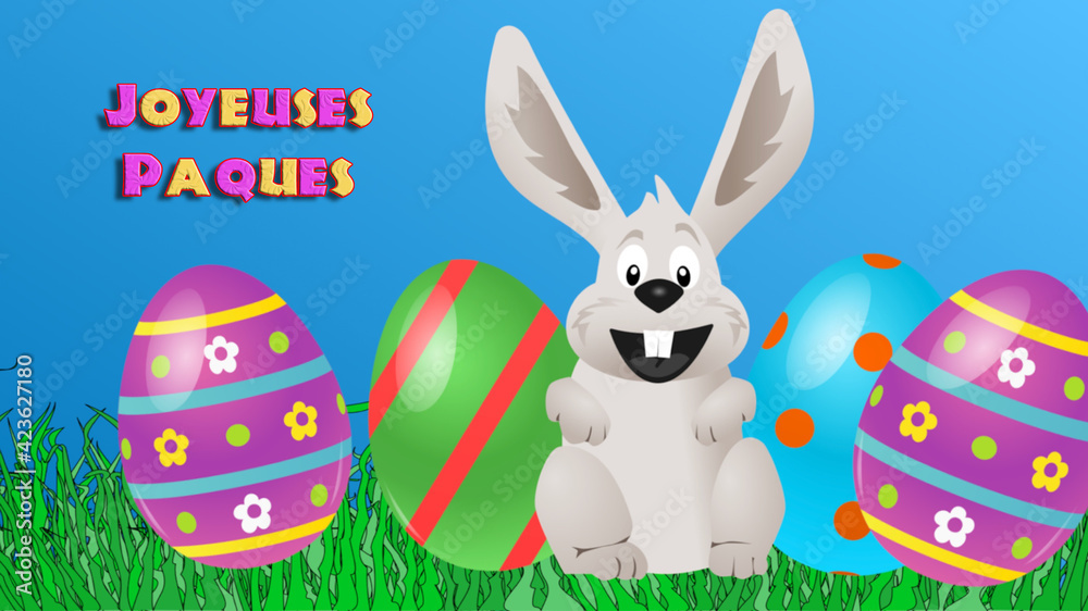 A Cute Easter Rabbit between eggs, French Easter, joyeuse paques