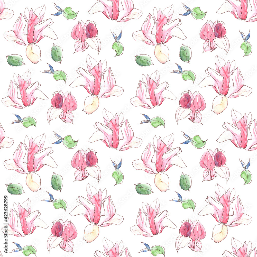 Seamless pattern with watercolor spring magnolia flowers on white background