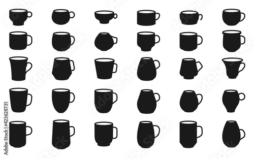 Cup coffee break glyph icon set. Empty black template different shape for shop, tea house menu. Simple graphic element mug, drink sign, symbol espresso or latte Isolated on white vector illustration