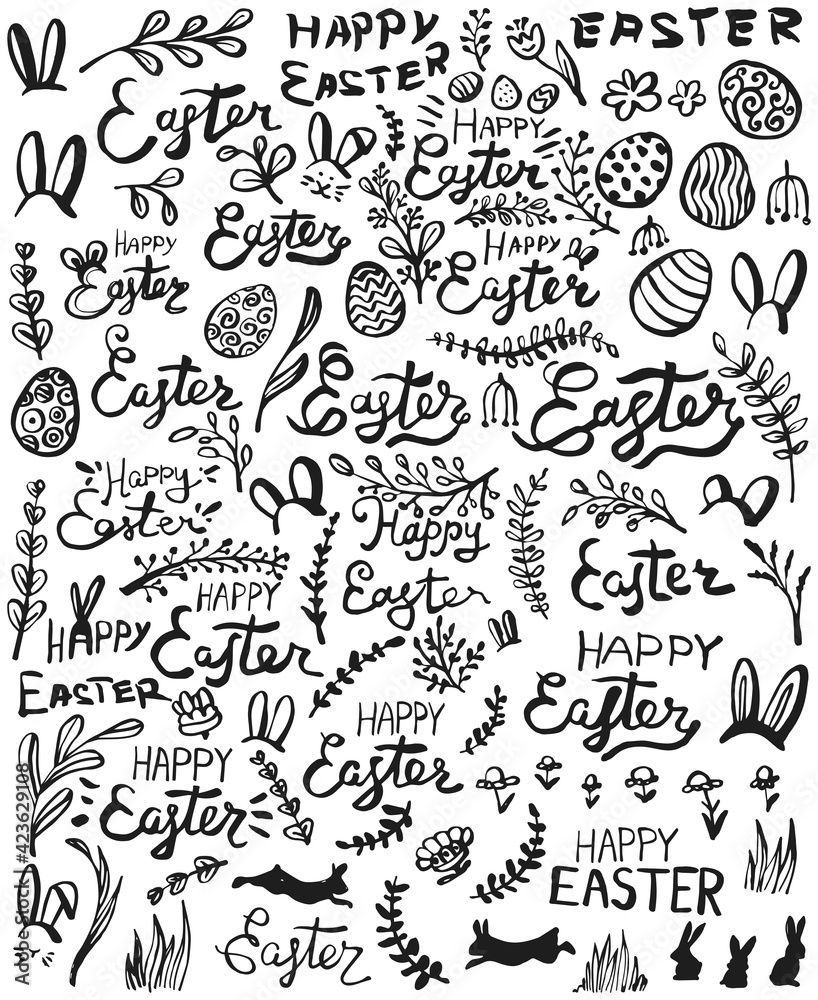 Fototapeta premium Hand drawn Easter elements. Flowers, plants, letterings, rabbits and Easter eggs. Vector illustration.