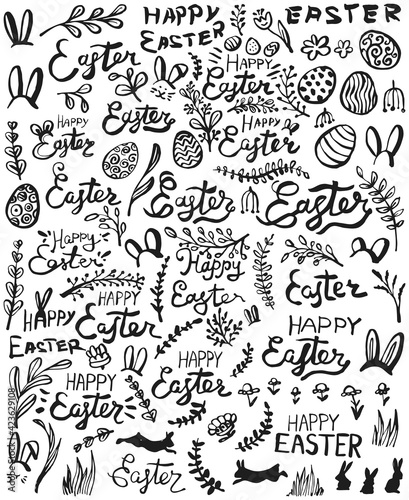 Hand drawn Easter elements. Flowers, plants, letterings, rabbits and Easter eggs. Vector illustration.