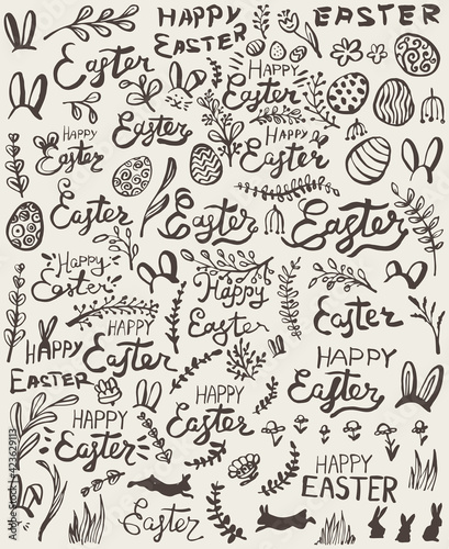 Easter doodles. Flowers  plants  letterings  rabbits and Easter eggs. Vector illustration.