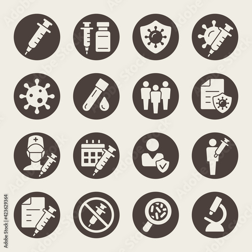 Covid-19 vaccination vector icons. Coronavirus under microscope, medical vial, syringe, population, doctor, research, certificate and other medical icons.
