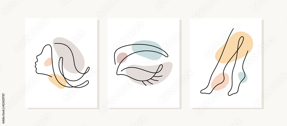 Beauty salon posters. One line vector illustration. Female head portrait, brow and eye, legs. 