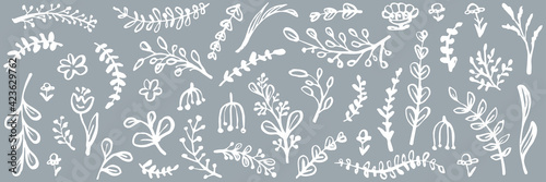 Hand drawn floral web banner. Design for greeting card, easter decoration, sale backdrop, invitation. Vector illustration.